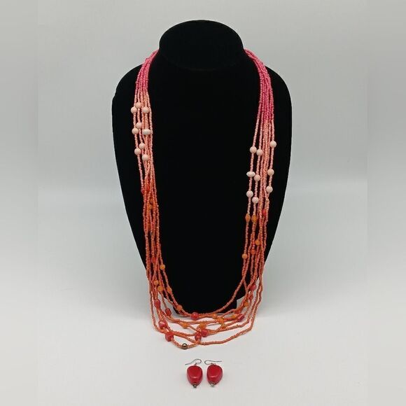 EL - Coral Beaded Ombre 20" 7 Strand Necklace & Matching Drop Earrings Set - Picture 1 of 14